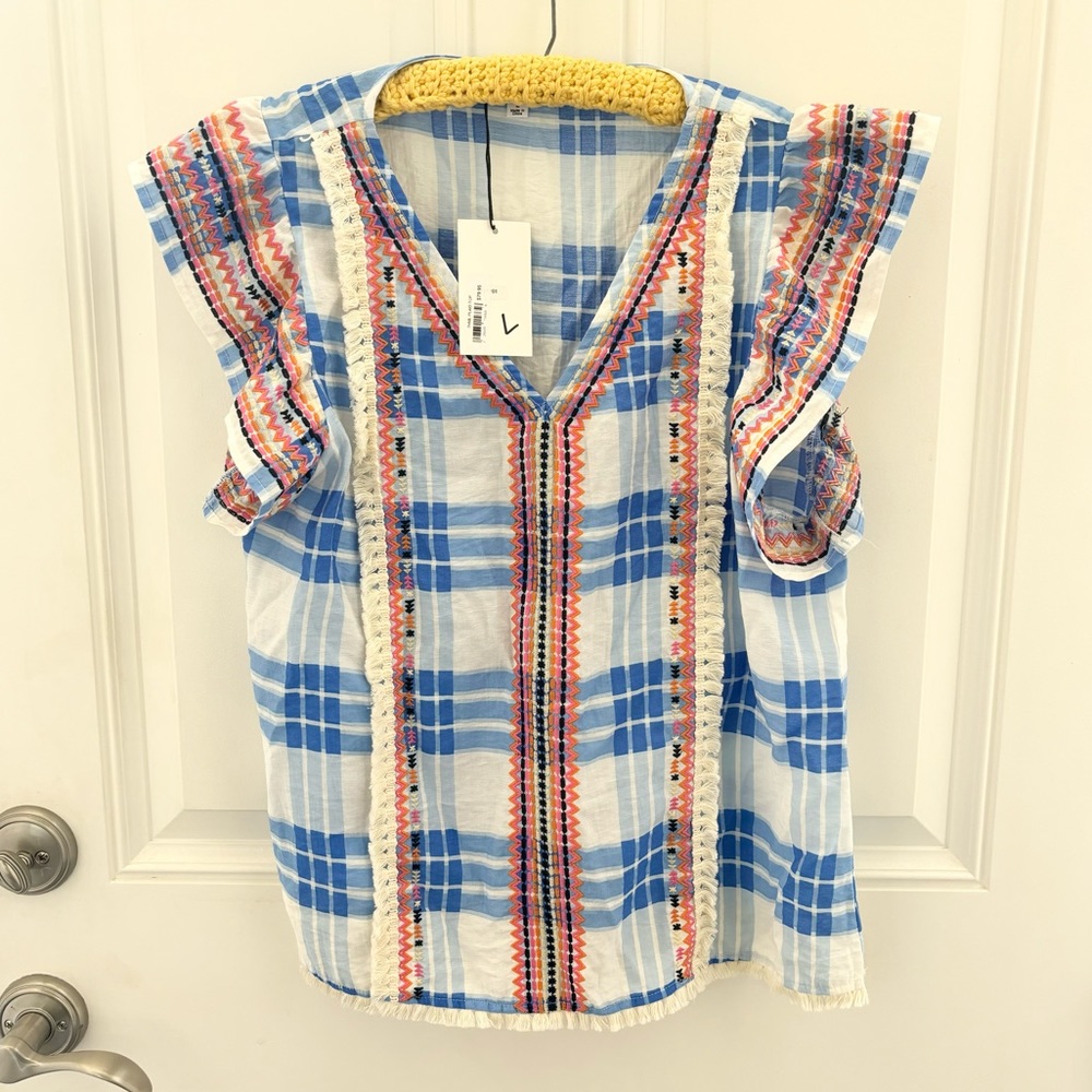 NWT THML Ruffle Sleeve Embroidered Plaid Blouse With Fringe Large